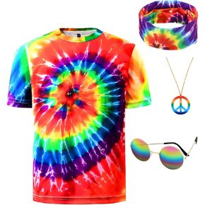 Boys 4 Pcs Hippie Costume Accessories Set 60s 70s Colorful Kids Fun Tie Dye T-Shirt for Theme Party