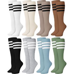 8 Pairs Kids Striped Tube Socks Cotton Knee High Colorful Retro Stripe Athletic Socks for Kid Boys Girls 6-12 Years