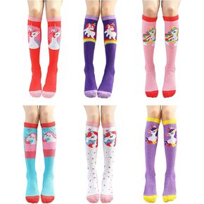 6 Pairs Girls Knee High Socks - Colorful Cartoon Design Warm Cotton Knee Socks Mid-Calf Boot Socks Funny Socks for School Odd Socks Day 3-12 Years Girls - One Size, Unicorn
