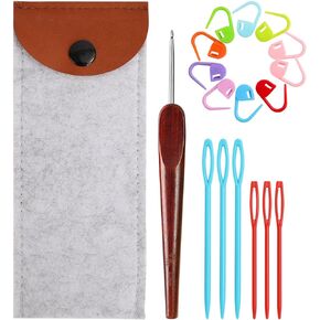LOOEN Smooth Crochet Hooks with Mertric Numbers and 10 pcs Stitch Markers, 6 pcs Sweing Needles, 1 pc Sandalwood Crochet Hook Bag, Hand Polished Stainless Steel Crochet Hook with Wood Handle (3.0 mm)