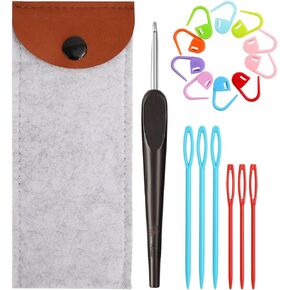 LOOEN Smooth Crochet Hooks with Mertric Numbers and 10 pcs Stitch Markers, 6 pcs Sweing Needles, 1 pc Sandalwood Crochet Hook Bag, Hand Polished Stainless Steel Crochet Hook with Wood Handle (4.5 mm)