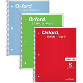 Oxford 1-Subject Notebooks, Notebooks for School, 8 x 10.5 Inches, College Rule, 70 Sheets, Assorted Primary Colors, 3 Pack, Colors May Vary (1006792)