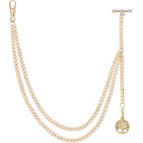 SIBOSUN Pocket Watch Chain Single Albert Chain T Bar with Lobster Clasps & Life Tree Pendant