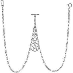 Men's Double Albert Chain Pocket Watch Curb Link Key Chain 3 Hooks with Antique Five-Pointed Star Pendant Design Charm Fob T Bar