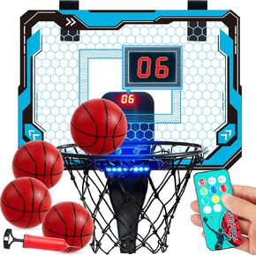 طوق كرة سلة صغير من SYNCFUN للأطفال، لعبة أطواق كرة السلة المضيئة فوق الباب، طوق صغير مع لوحة نتائج و4 كرات، مجموعة ألعاب كرة السلة الرياضية، لعبة هدية عيد ميلاد للأولاد والبنات من سن 3 سنوات فما فوق (أزرق)