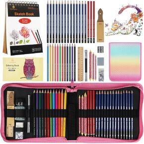 Drawing Sketching Kit Graphite Charcoal Colored Pencils for Artists Beginners Ideal for Drawing Sketching Shading, Premium Watercolors Paper Erasable 39Pcs Art Supply Kit Set