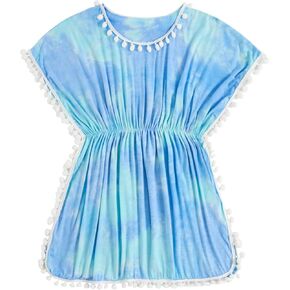 Milumia Girl's Cute Tie Dye Beach Coverups Pompom Trim Swimsuit Swimwear Cover Up Tie Dye Blue 11 Years