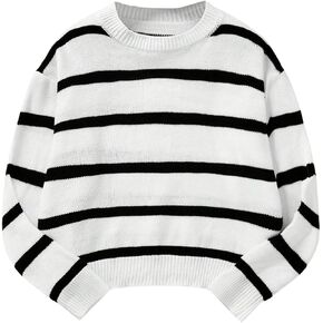 MakeMeChic Girl's Striped Colorblock Round Neck Sweater Long Sleeve Drop Shoulder Knit Loose Pullovers