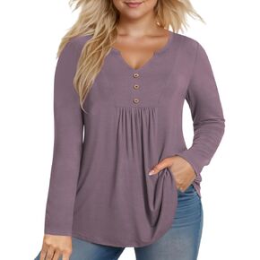 VISLILY Womens-Plus-Size-Dressy-Tops Cute V Neck Henley Shirts Flowy Pleated Long Sleeve Tunic Fall Casual Buttons Up Blouses