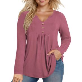 VISLILY قمصان حريمي بمقاسات كبيرة وأنيقة ورقبة على شكل حرف V قمصان Henley ذات ثنيات واسعة وأكمام طويلة سترة خريفية كاجوال بأزرار حتى البلوزات in Kuwait