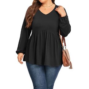 SHIJIALI Women Plus Size Tunic Long Sleeve Loose Fit Pleated Casual V Neck Babydoll Flowy Shirts