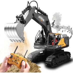 Remote Control Excavator Toys for Boys,16 Channel RC Digger Construction Toys Tractor, One-Click Acceleration, Simulated Smoke, Sound, Lights, Metal Digging Head, Toys for Boys 6 7 8 9 10 11 12