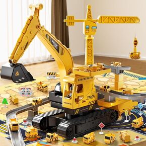 Construction Trucks Cars Toys for Toddlers, Kids Engineering Digger Race Tracks, Excavator Crane Boy Toys for 3-5 Year Old, Birthday Gifts for Kids Age 3 4 5 6 Year Old Boy