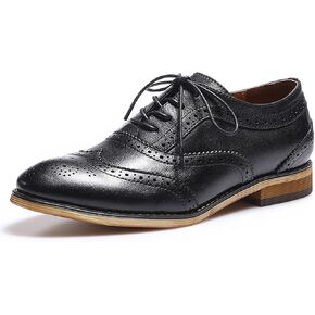 Mona flying Women's Stacked Heel Wingtip Oxfords Ladies Comfortable Lace-up Leather Brogue Shoes
