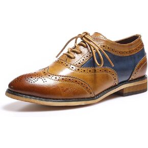 Mona flying Women's Stacked Heel Wingtip Oxfords Ladies Comfortable Lace-up Leather Brogue Shoes