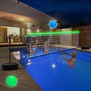 LED Pool Volleyball Net Set with Solar Colorful Lights|15ft-32ft Adjustable Volleyball Game Set for Inground Pool, Kids Adults Swimming Pool Water Volleyball Games Toy for Backyard Party Sport