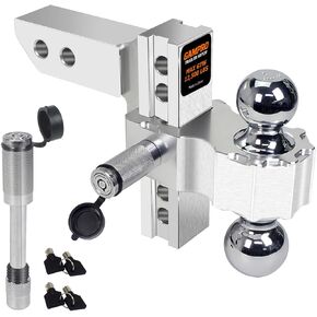 Car Adjustable Trailer Hitch (2-Inch Receiver), with 8 Inch Drop/Rise Chrome Plated Steels Ball Mount, Two Anti-Theft Pins Locks, Heavy Duty Aluminum Tow Hitches for Truck(12,500 LBS GTW)