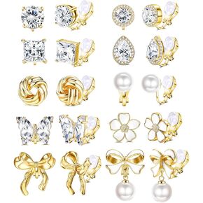 Drperfect Gold Silver Clip on Earrings Women Non Pierced Earrings Pearl Bow Dangle Dangling Clip Earrings Cubic Zirconia Stud Clip-on Earrings Butterfly Flower Non Piercing Earrings for Unpierced Ears