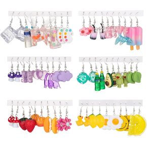 30 Pairs Weird Cute Funny Clip On/Dangle Earrings For Women Unique Bear Duck Mushroom Fruit Flowers Drop Dangle Earrings for Women Various Food Animal Earrings Set