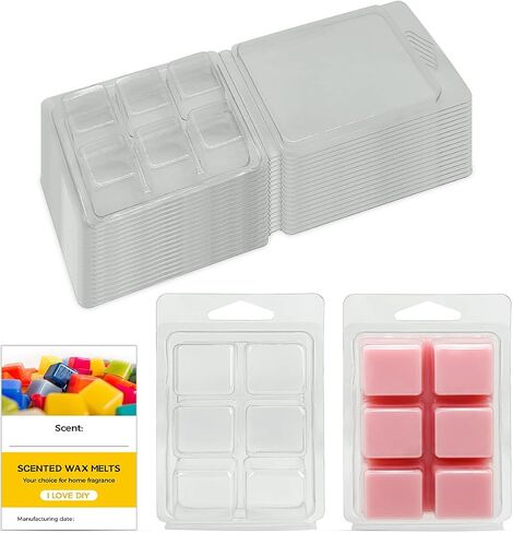 25 Pack Wax Melt Clamshells with 25 Labels, 6 Cavity Cubes Plastics Clam Shells for Wax Cubes, Clear Empty Cube Tray Molds for Wickless Tarts Candles in Saudi Arabia