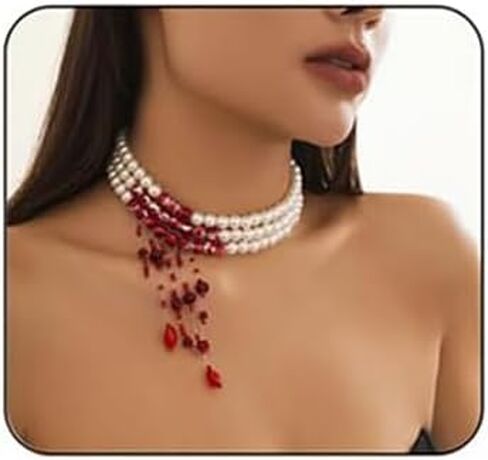 Gothic Blood Pearl Necklace for Women, Adjustable Dripping Blood Pearl Choker Layered Bleeding Pearl Necklace Punk Bloody Pearl Tassel Necklace Halloween Jewelry Gift in Kuwait