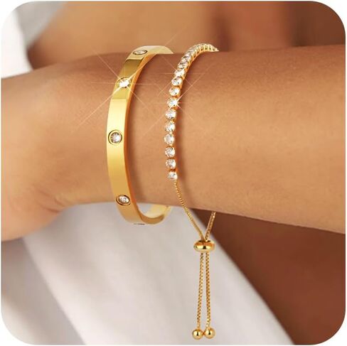 Gold Bangle Bracelets 18K Gold Plated Adjustment Tennis Bracelet for Women, Cubic Zirconia Stones Bangle Cuff Friendship Love Bangle Bracelets Dainty Jewelry Set Christmas Birthday Gifts in Saudi Arabia