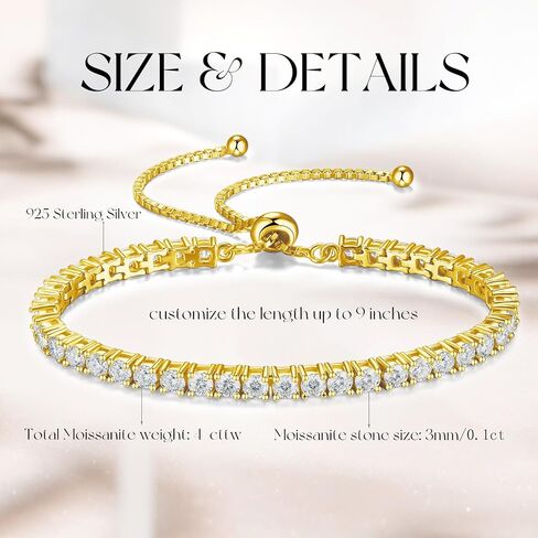 FANCIME Gold Moissanite Tennis Bracelet 1.2ct-12ct Lab Created Moissanite Diamond Bracelets,925 Sterling Silver Adjustable Bolo Tennis Bracelets, 2/3/4/5mm D Color VVS1 Round Cut Moissanite Bracelet for Women in Saudi Arabia