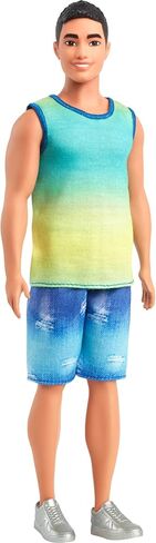 Barbie Fashionistas Ken Doll #236 with Black Hair, Wearing Blue and Green Ombre Tank with Jean Shorts and Silver Sneakers in Saudi Arabia