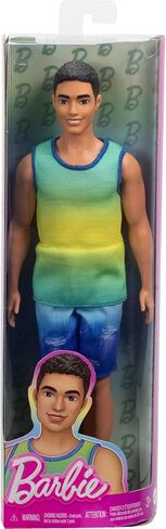 Barbie Fashionistas Ken Doll #236 with Black Hair, Wearing Blue and Green Ombre Tank with Jean Shorts and Silver Sneakers in Saudi Arabia