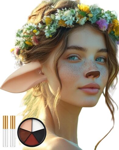 Libima Faun Ears Satyr زي الهالوين الاصطناعي آذان الغزلان زي الغزلان زي قرون الماعز آذان الهالوين مجموعة اللاتكس الاصطناعية مع طلاء الوجه والغراء اللاصق للمكياج Elven Masquerade Cosplay in Saudi Arabia