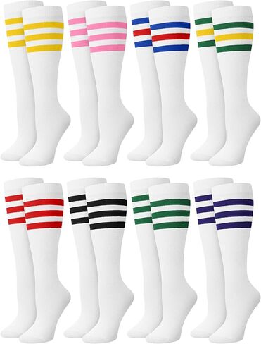 8 Pairs Kids Striped Tube Socks Cotton Knee High Colorful Retro Stripe Athletic Socks for Kid Boys Girls 6-12 Years in Kuwait
