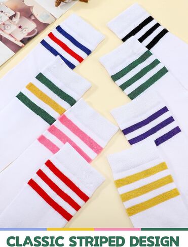 8 Pairs Kids Striped Tube Socks Cotton Knee High Colorful Retro Stripe Athletic Socks for Kid Boys Girls 6-12 Years in Kuwait