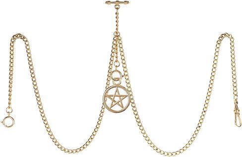 Men's Double Albert Chain Pocket Watch Curb Link Key Chain 3 Hooks with Antique Five-Pointed Star Pendant Design Charm Fob T Bar in Kuwait