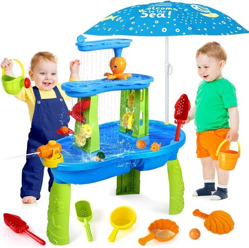 SUPER JOY Water Table for Toddlers 3-5, 3-Tier Kids Water Table with Umbrella, Kids Activity Table Outdoor Toys Water Play Table for Toddlers, Backyard Beach Water Toys for Boys Girls in Saudi Arabia