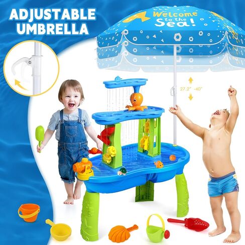 SUPER JOY Water Table for Toddlers 3-5, 3-Tier Kids Water Table with Umbrella, Kids Activity Table Outdoor Toys Water Play Table for Toddlers, Backyard Beach Water Toys for Boys Girls in Saudi Arabia