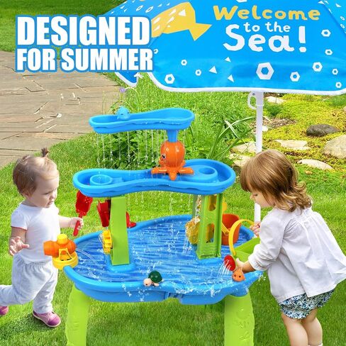 SUPER JOY Water Table for Toddlers 3-5, 3-Tier Kids Water Table with Umbrella, Kids Activity Table Outdoor Toys Water Play Table for Toddlers, Backyard Beach Water Toys for Boys Girls in Saudi Arabia