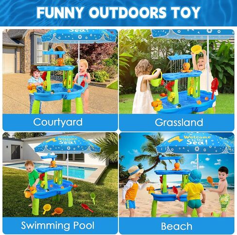 SUPER JOY Water Table for Toddlers 3-5, 3-Tier Kids Water Table with Umbrella, Kids Activity Table Outdoor Toys Water Play Table for Toddlers, Backyard Beach Water Toys for Boys Girls in Saudi Arabia