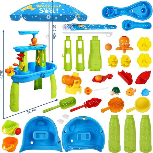 SUPER JOY Water Table for Toddlers 3-5, 3-Tier Kids Water Table with Umbrella, Kids Activity Table Outdoor Toys Water Play Table for Toddlers, Backyard Beach Water Toys for Boys Girls in Saudi Arabia