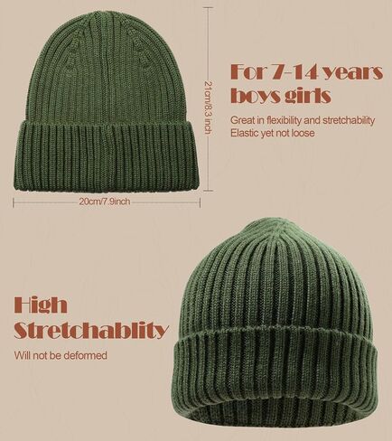 Kids Merino Wool Beanie Hat,Unisex Children Warm Winter Cuffed Ski Caps Classic Knitted Skull Caps for Boys Girls 7-14Y in Saudi Arabia