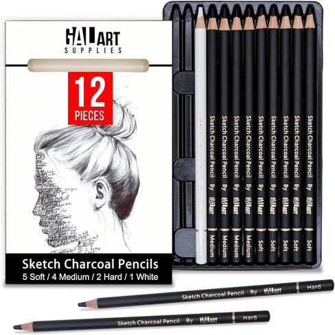 Charcoal Drawing Set with Organizer Tray – 12 Pieces Soft, Medium, Hard and White Charcoal Pencils for Drawing, Shading and Sketching for Artists and Beginners in Saudi Arabia