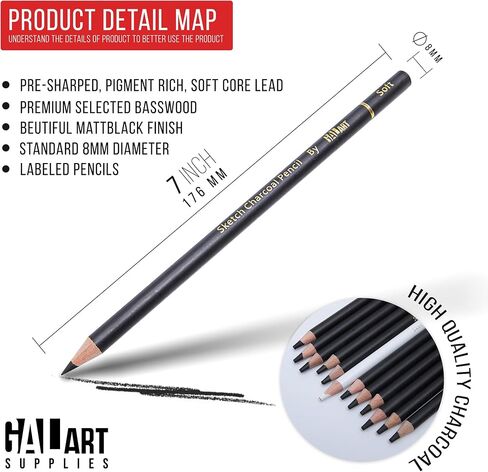 Charcoal Drawing Set with Organizer Tray – 12 Pieces Soft, Medium, Hard and White Charcoal Pencils for Drawing, Shading and Sketching for Artists and Beginners in Saudi Arabia