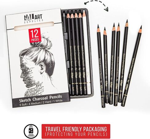 Charcoal Drawing Set with Organizer Tray – 12 Pieces Soft, Medium, Hard and White Charcoal Pencils for Drawing, Shading and Sketching for Artists and Beginners in Saudi Arabia