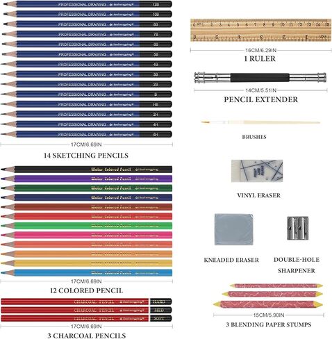 Drawing Sketching Kit Graphite Charcoal Colored Pencils for Artists Beginners Ideal for Drawing Sketching Shading, Premium Watercolors Paper Erasable 39Pcs Art Supply Kit Set in Saudi Arabia