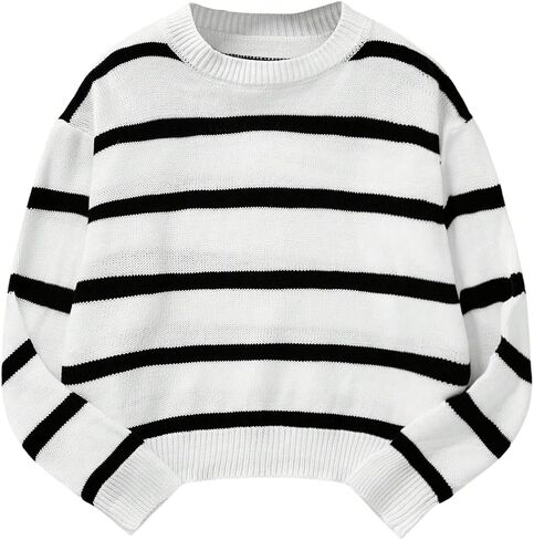 MakeMeChic Girl's Striped Colorblock Round Neck Sweater Long Sleeve Drop Shoulder Knit Loose Pullovers in Saudi Arabia