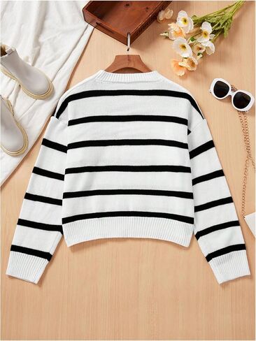 MakeMeChic Girl's Striped Colorblock Round Neck Sweater Long Sleeve Drop Shoulder Knit Loose Pullovers in Saudi Arabia