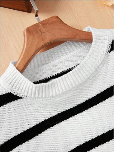 MakeMeChic Girl's Striped Colorblock Round Neck Sweater Long Sleeve Drop Shoulder Knit Loose Pullovers in Saudi Arabia