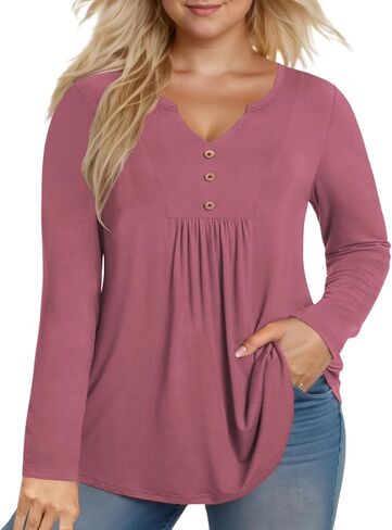 VISLILY Womens-Plus-Size-Dressy-Tops Cute V Neck Henley Shirts Flowy Pleated Long Sleeve Tunic Fall Casual Buttons Up Blouses in Kuwait