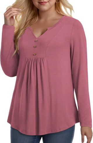 VISLILY Womens-Plus-Size-Dressy-Tops Cute V Neck Henley Shirts Flowy Pleated Long Sleeve Tunic Fall Casual Buttons Up Blouses in Kuwait