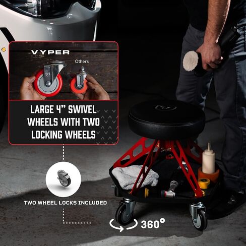 Vyper Robust Steel Pro Automotive/DIY/Detailing Stool - 400 lb Capacity - Tool Tray - Large Wheels (Black Seat, Red Frame) in Kuwait