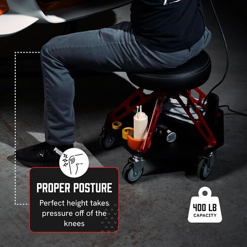 Vyper Robust Steel Pro Automotive/DIY/Detailing Stool - 400 lb Capacity - Tool Tray - Large Wheels (Black Seat, Red Frame) in Kuwait